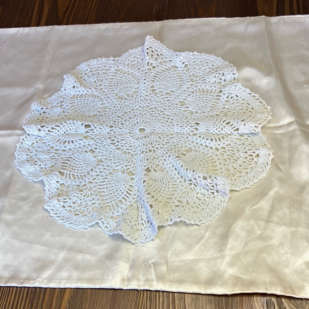 Handmade White Crochet Doily + Satiny Pillowcase